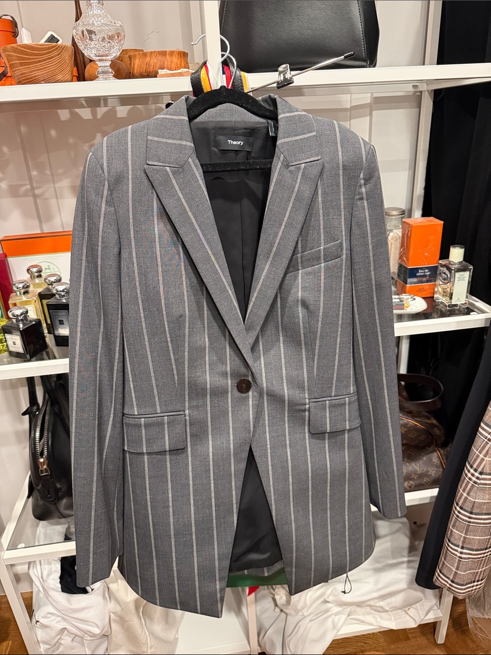 Theory Gray Pinstripe Single-Button Blazer